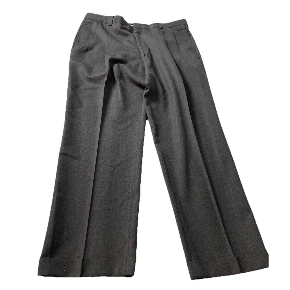 Tommy Hilfiger Mens Grey 100% Wool Pleated Cuffed Dress Pants 36x30